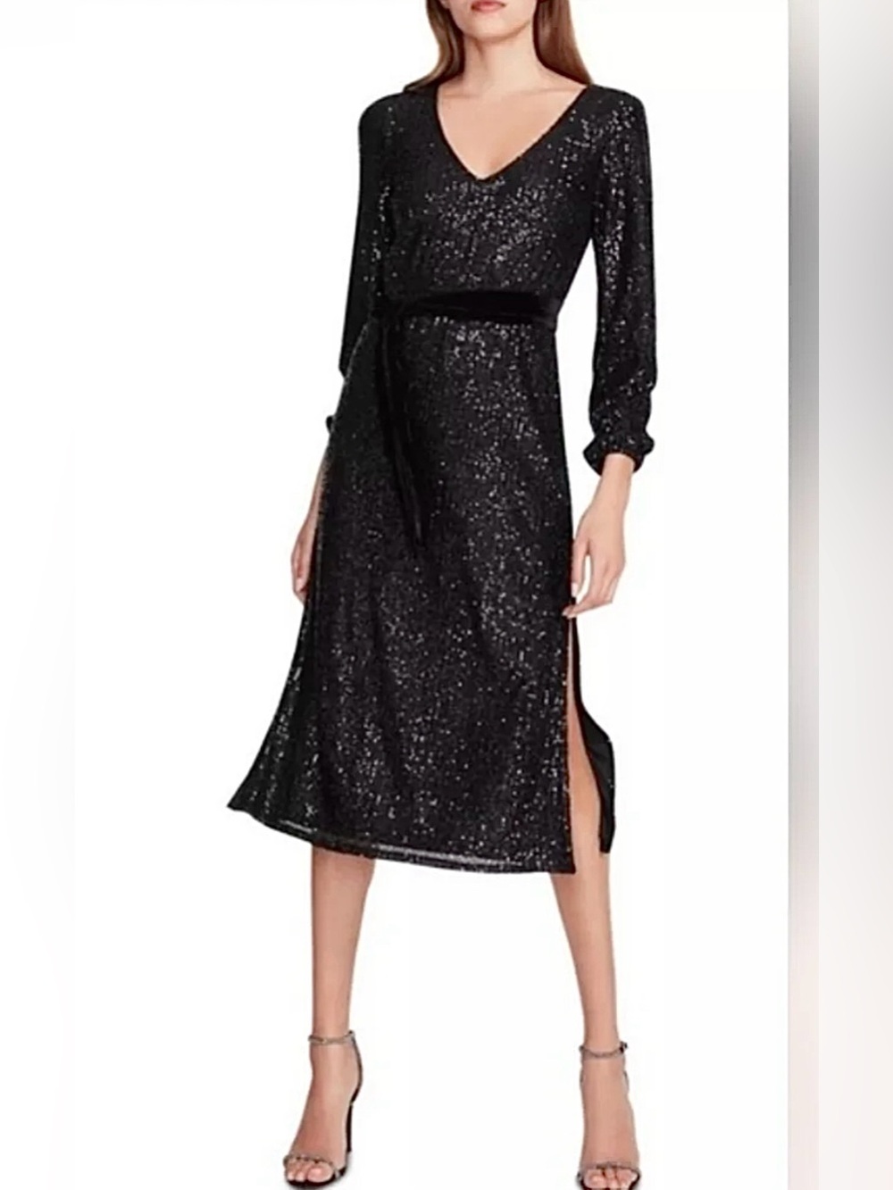 MSK Black Sequin V-Neck Midi Dress with Side Slit